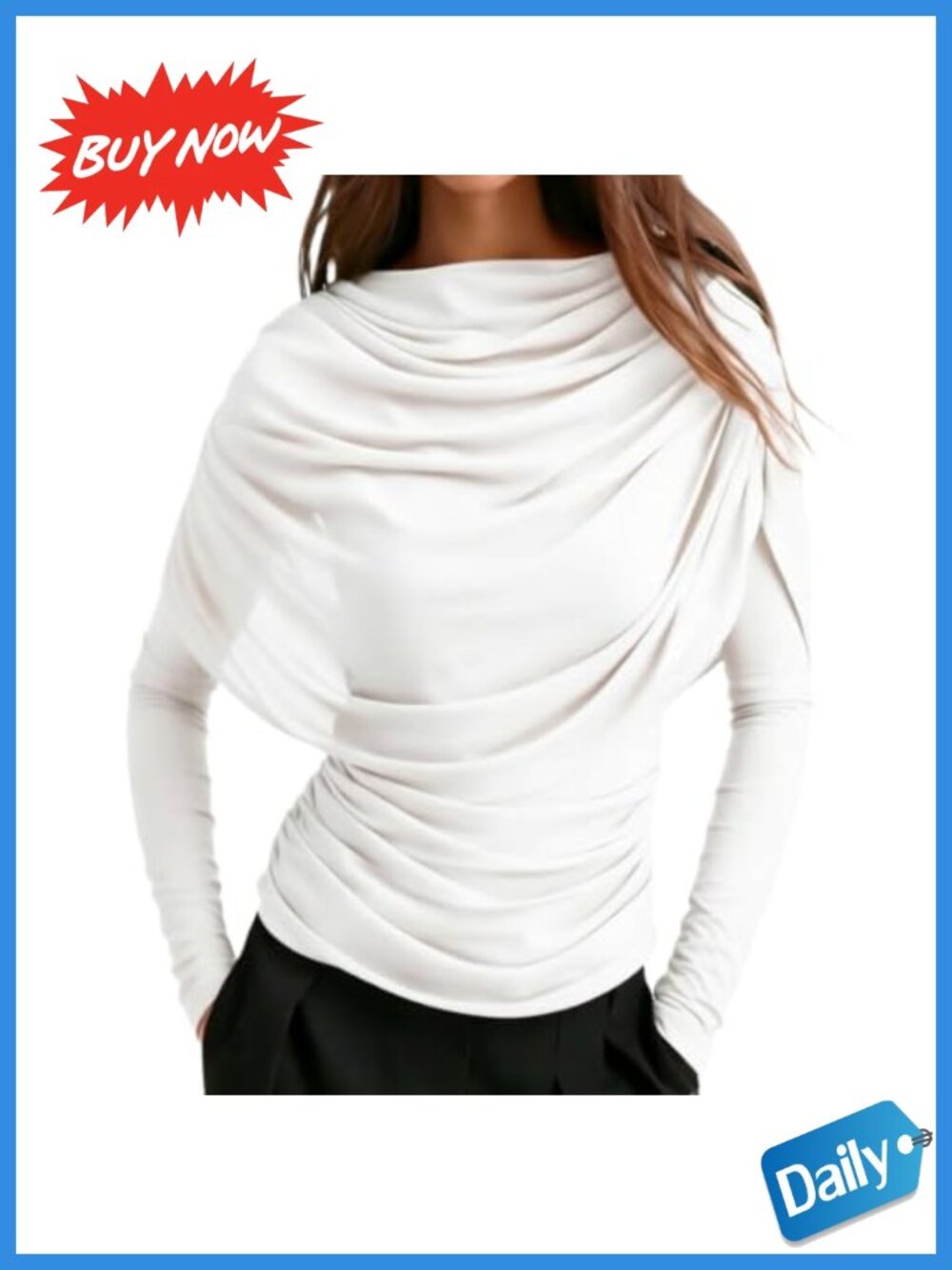 Faux? No. Womens Boat Neck Draped Cape Long Sleeve Ruched Mesh Top Dressy